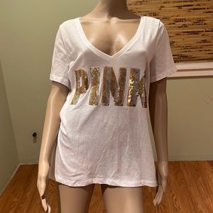 Victoria's Secret Pink White V-neck T-shirt With Sequins In Gold & Silver Size L